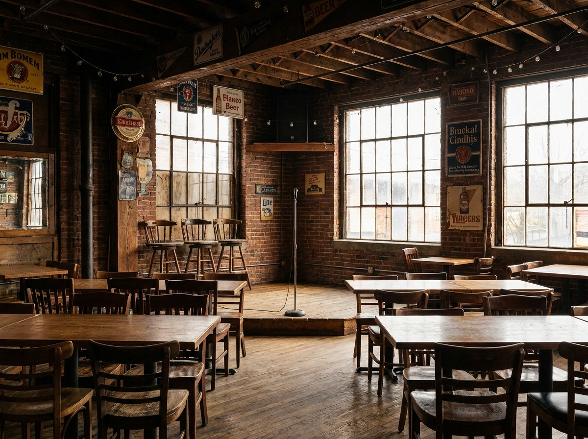 A bar in Cincinnati being prepared for an intimate stand-up comedy night.