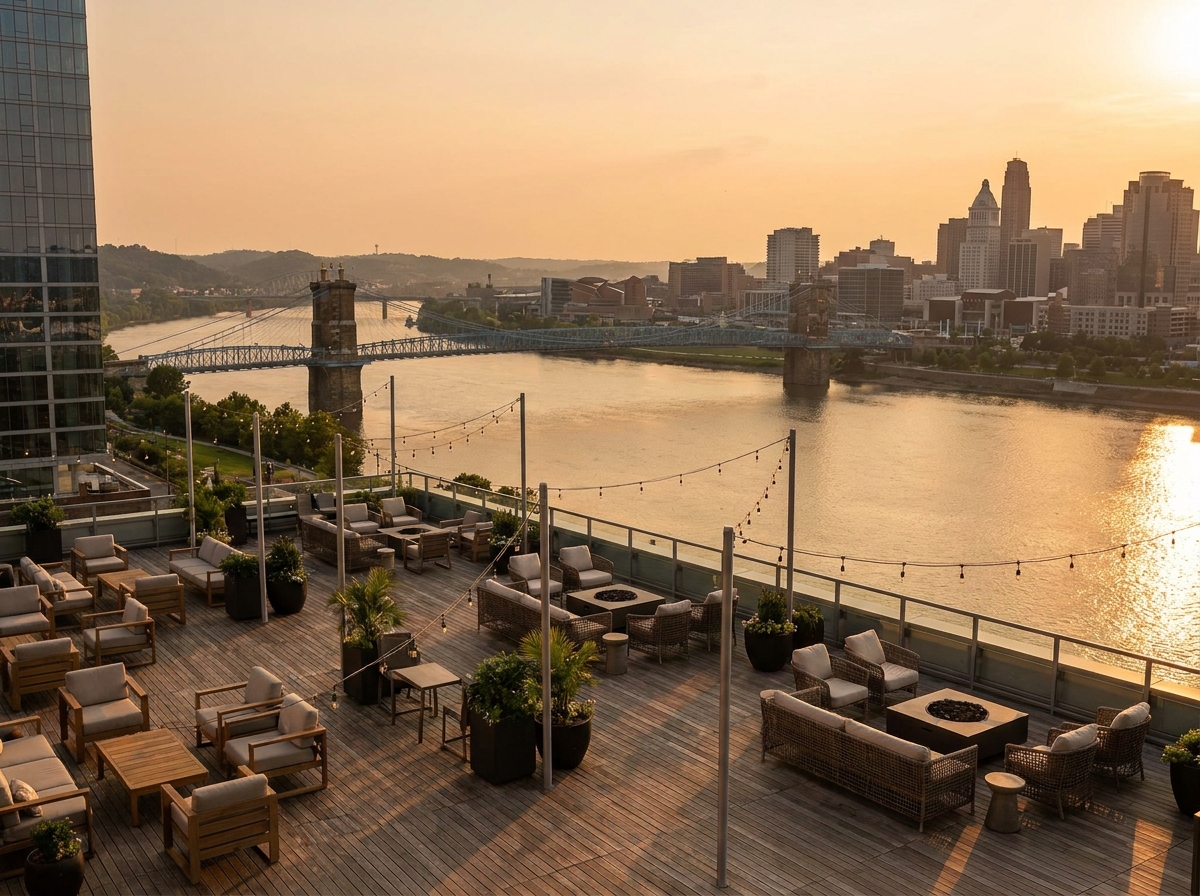 An empty rooftop venue in Cincinnati overlooking the river at sunset.