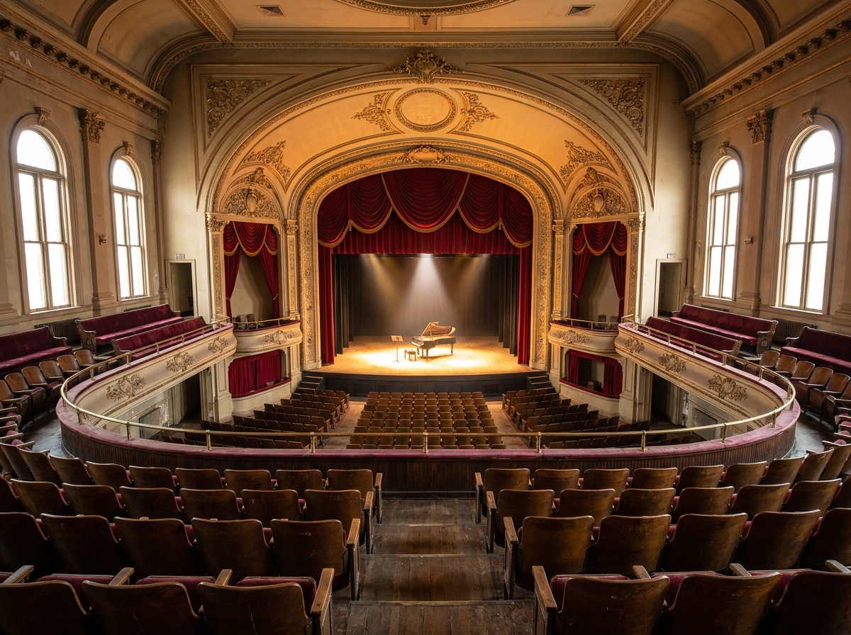 An empty, historic Cincinnati music hall with the stage lit.