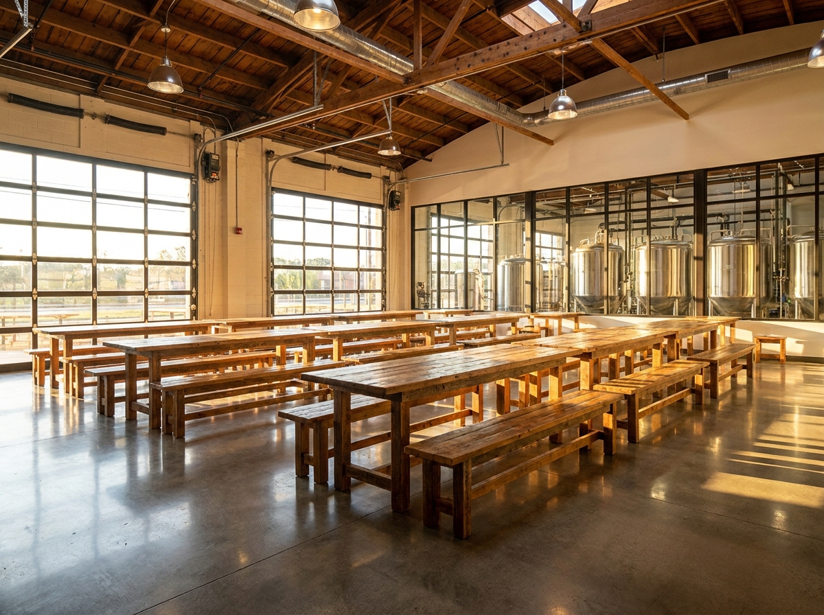 A modern Cincinnati brewery taproom set for an event.