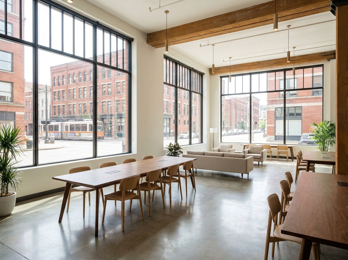 A modern co-working space set up for a business event in Cincinnati.