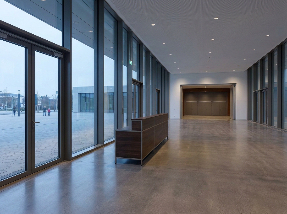 An empty check-in area at a venue for professional events.