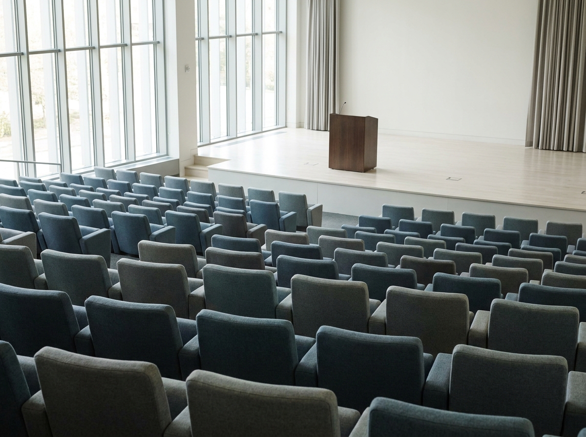 An empty lecture hall prepared for a business conference in Cincinnati.
