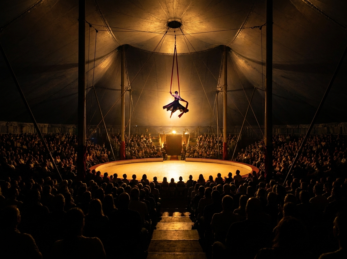 An aerial performer on silks seen from the back of a crowded circus tent during a performance.