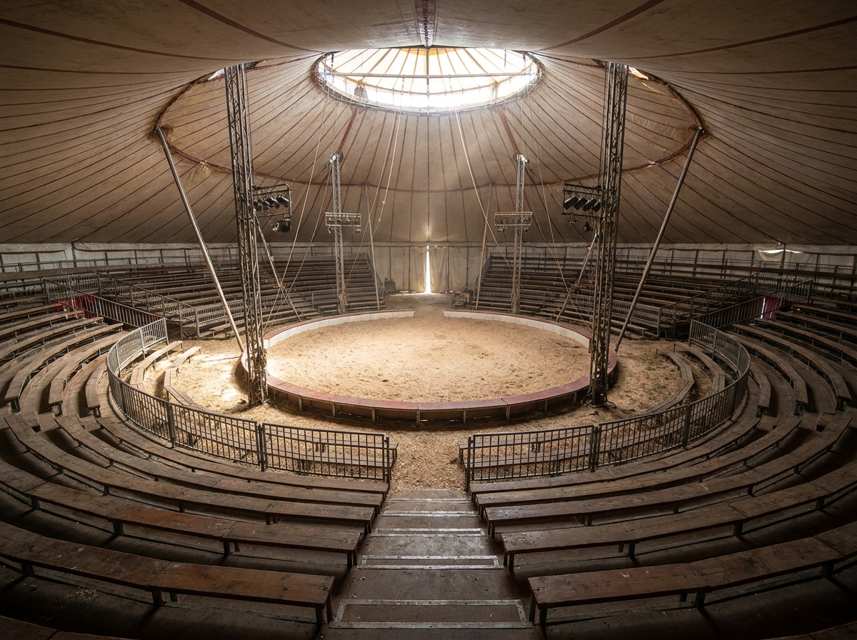 An empty circus tent with tiered seating arranged around the center ring.
