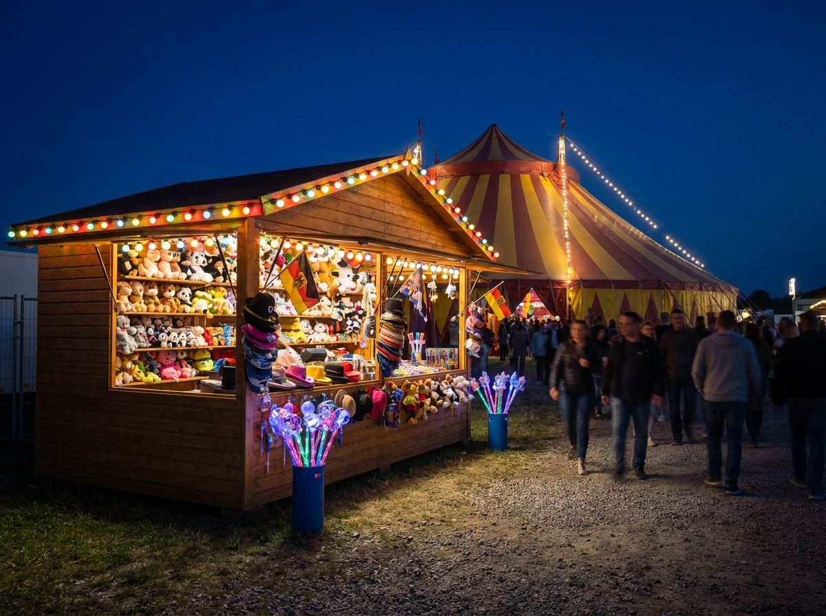A circus merchandise stand with colorful items for sale at night.