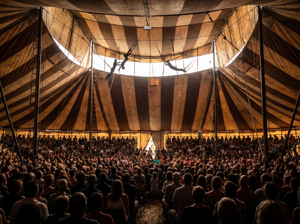 Silhouetted trapeze artists performing high above the audience in a circus tent.