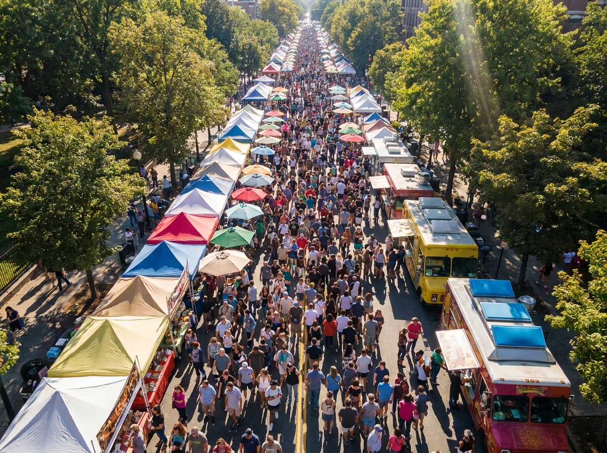 Aerial shot of a busy city street fair, showcasing effective event promotion.