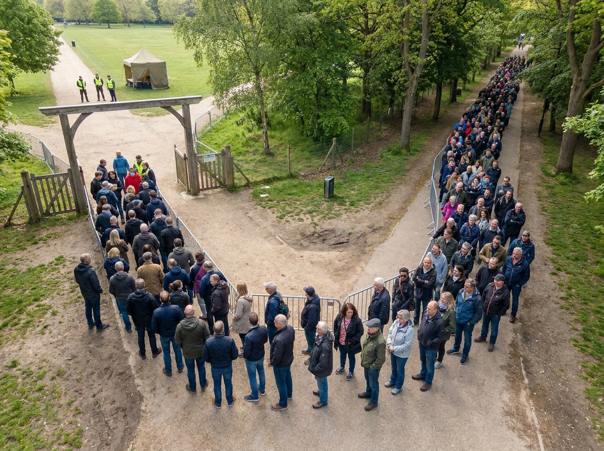 Attendees lining up for check-in at a community town event.