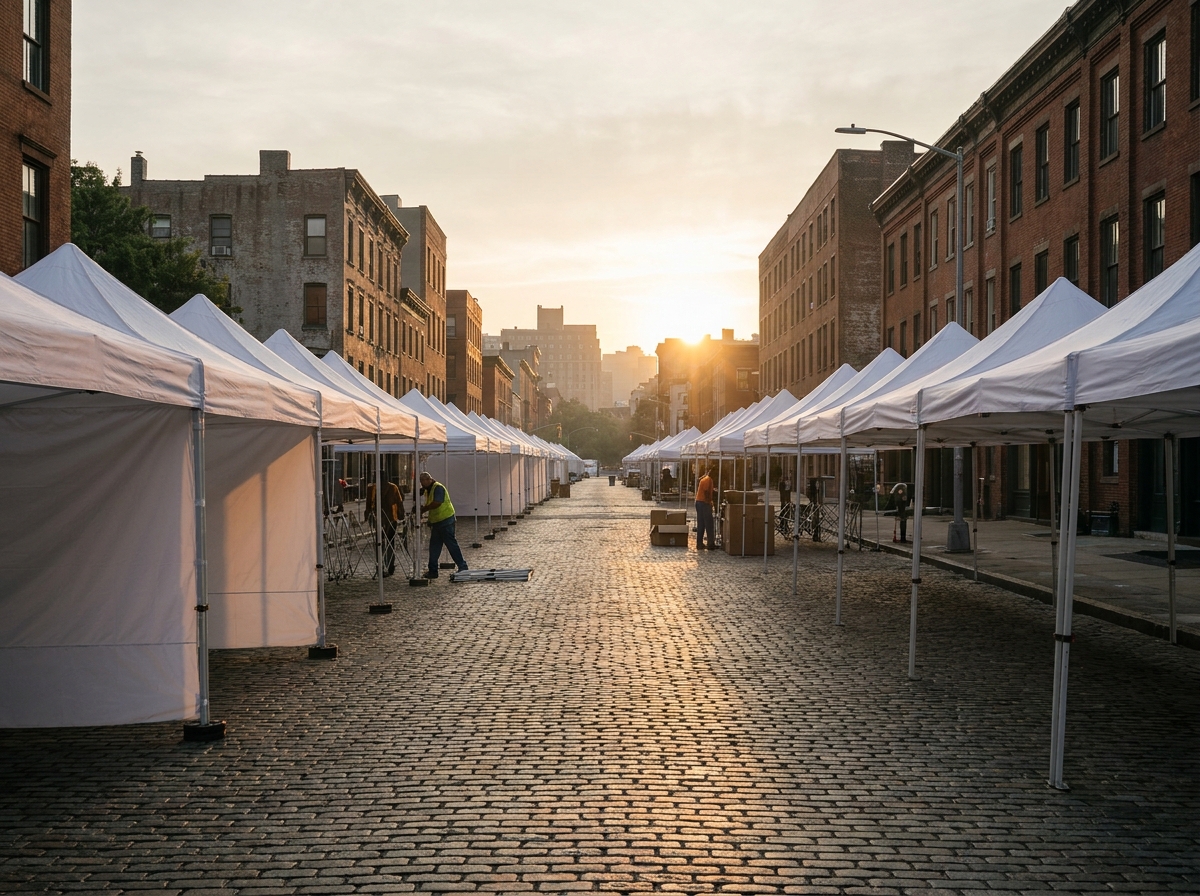 Event staff setting up tents for a city festival early in the morning.