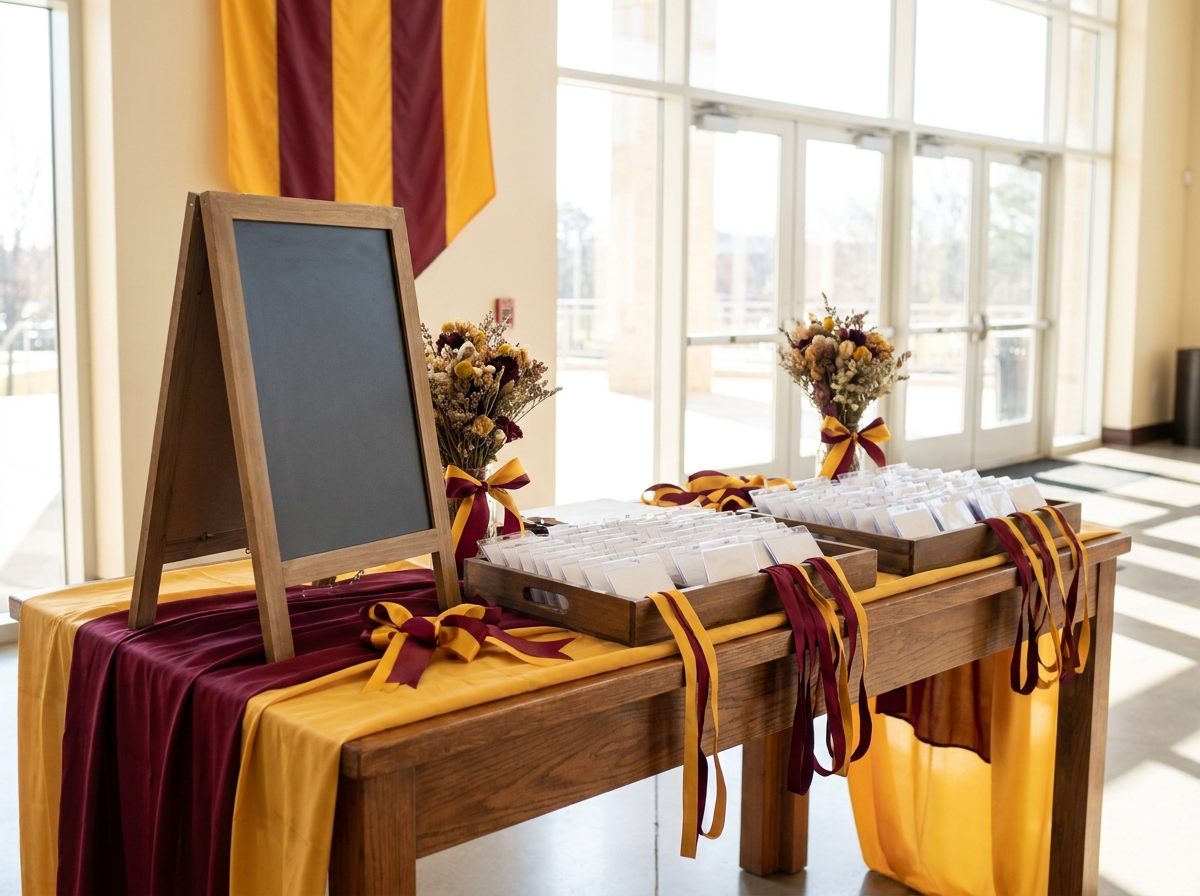 A check-in table set up for a school reunion event.