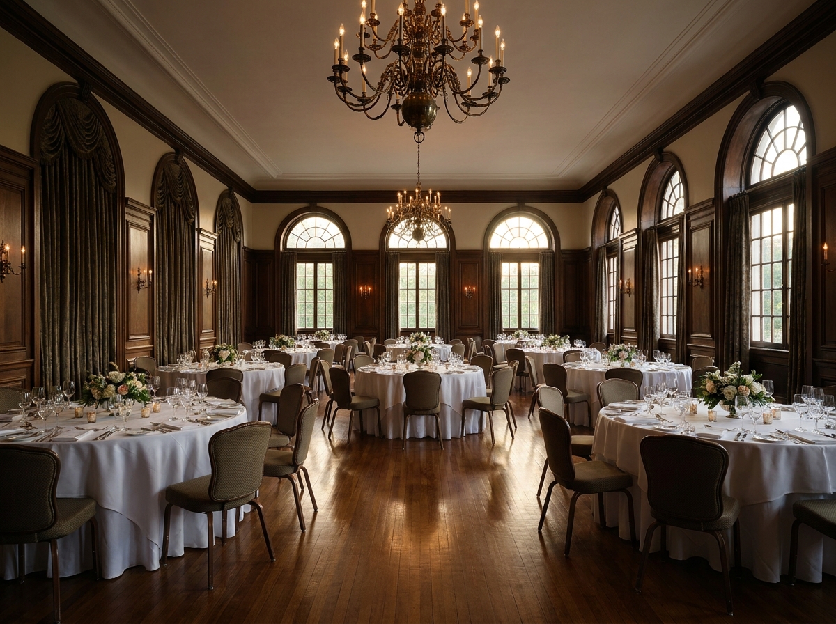 An elegant banquet hall set for a class reunion dinner.