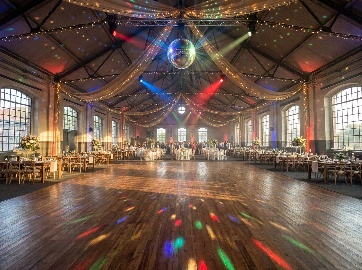 An empty dance floor at a class reunion, ready for the party to begin.