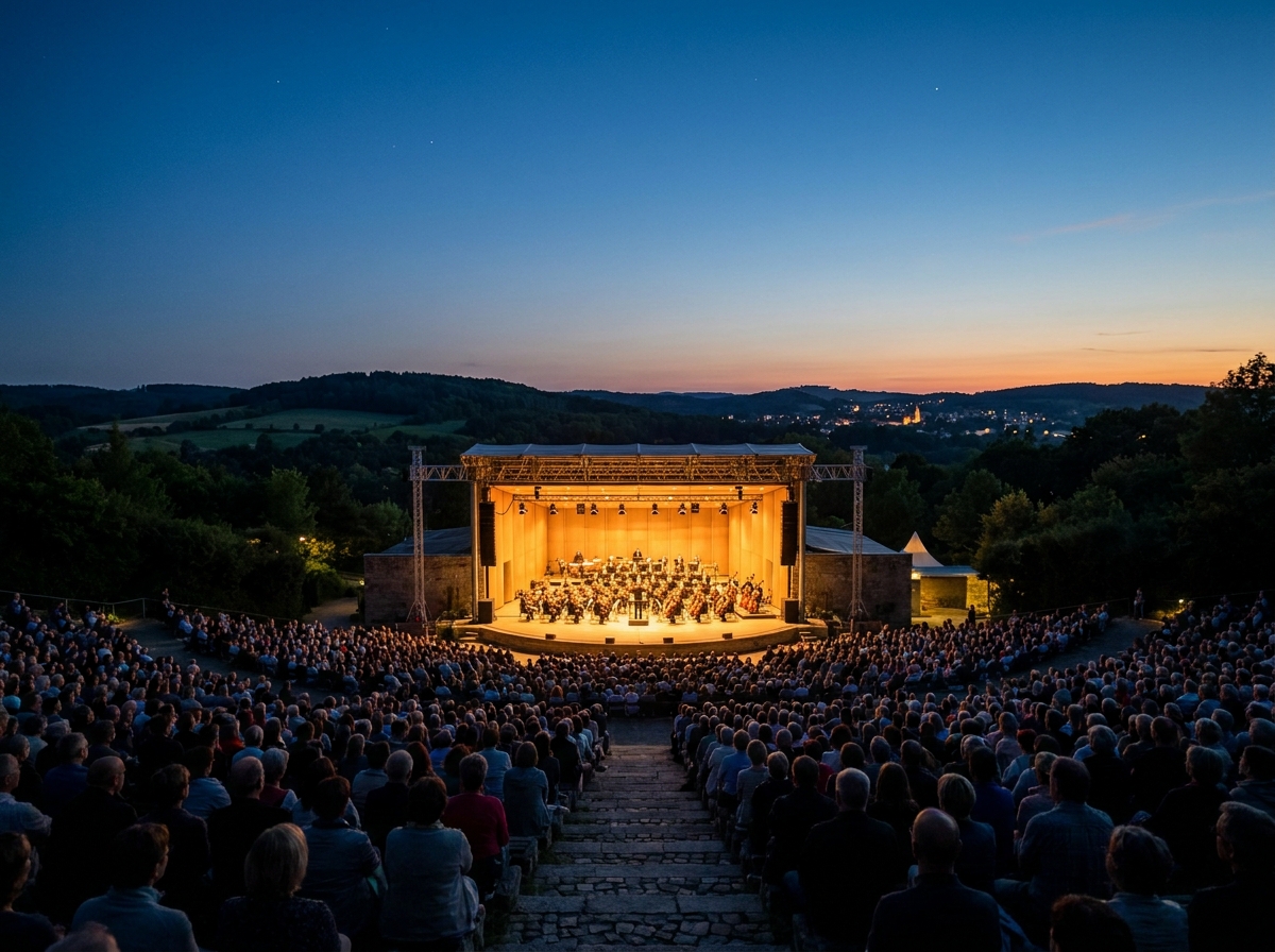 A large audience enjoys an outdoor classical concert in an amphitheater at dusk.
