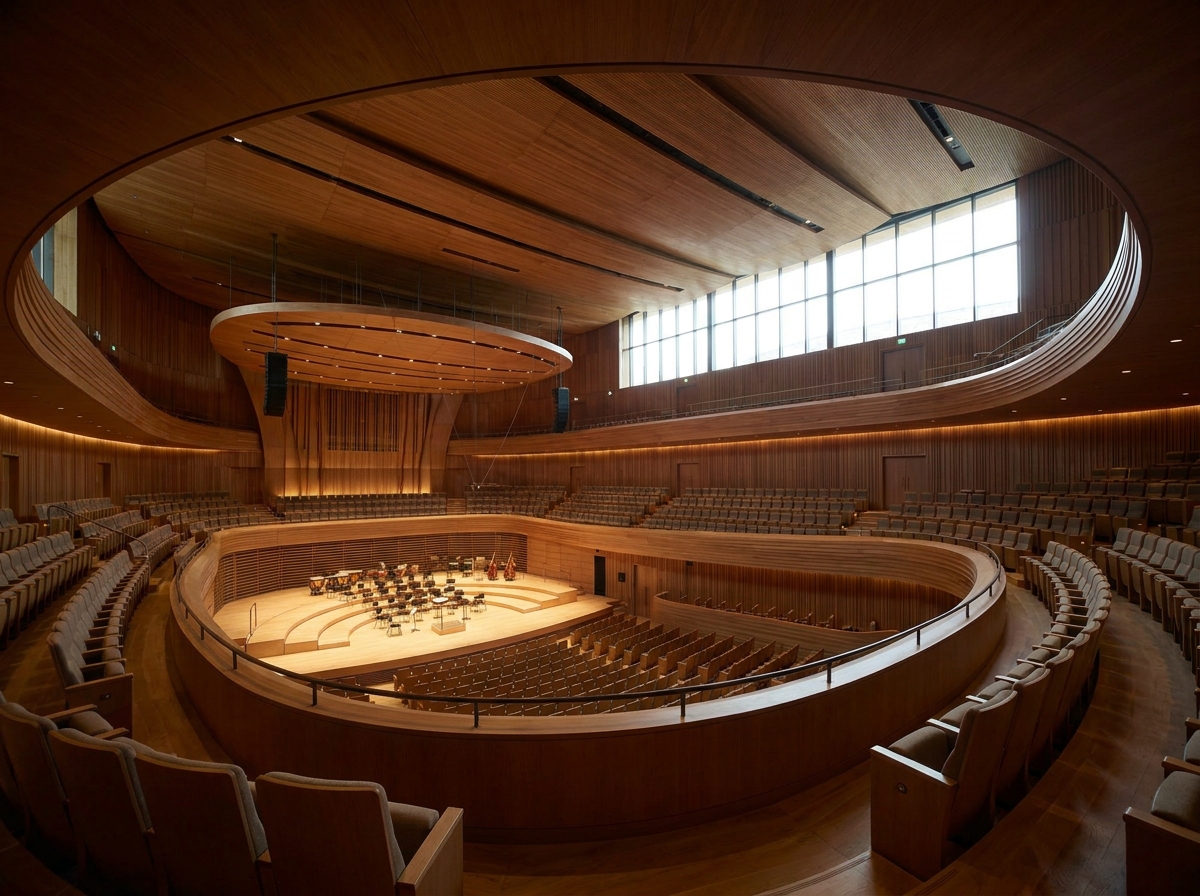 Architectural details of a modern concert hall's balcony, emphasizing its elegant design.