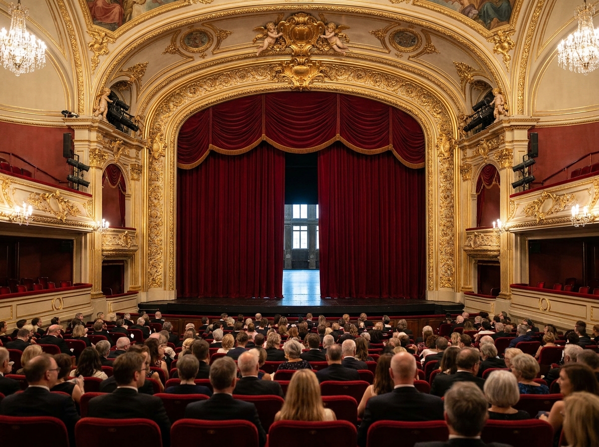 The ornate proscenium arch and velvet curtain of a historic theater stage.