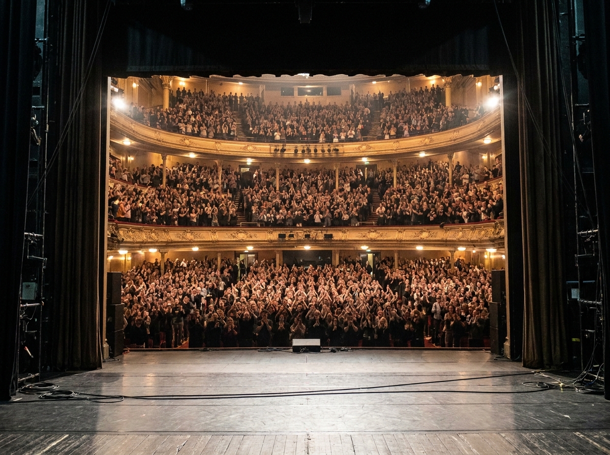A view from the stage of a packed concert hall, with the audience giving a standing ovation.