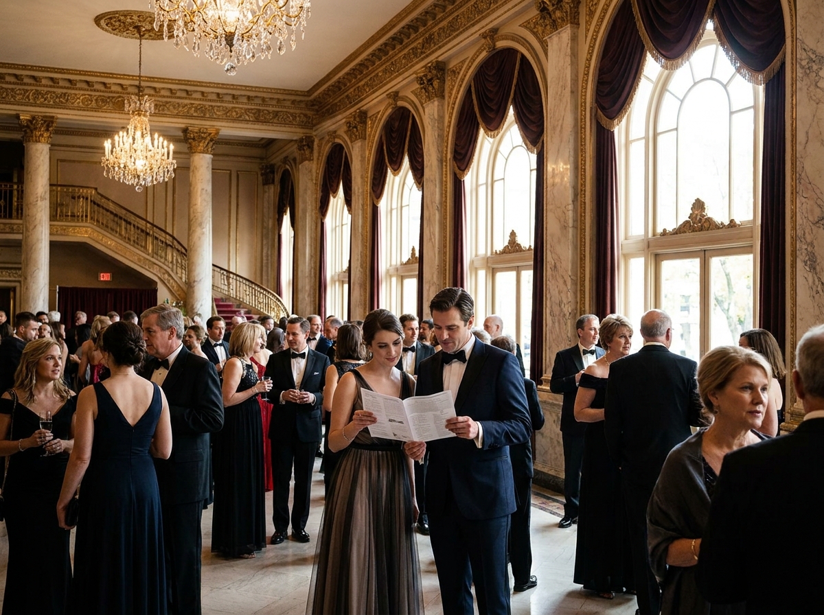 Patrons in a concert hall lobby before a classical music performance.