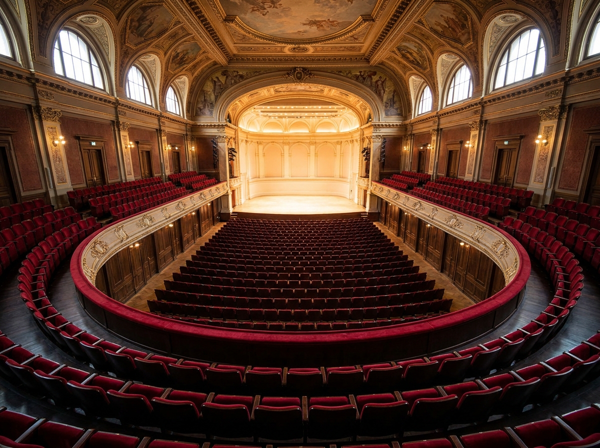 An empty, ornate concert hall with rows of red seats, ready for a symphony concert.