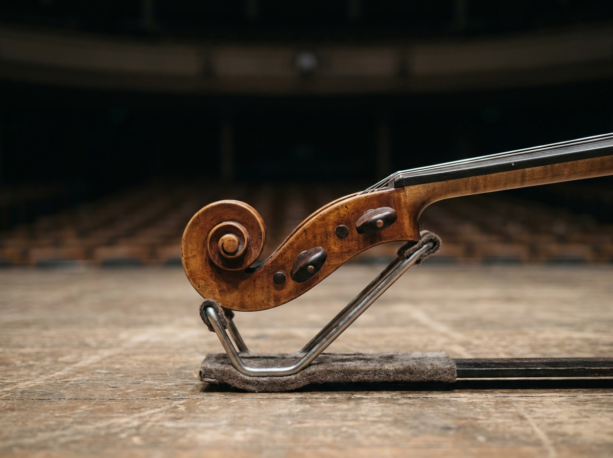 A cello rests on its stand on a dimly lit stage, awaiting the start of a classical concert.
