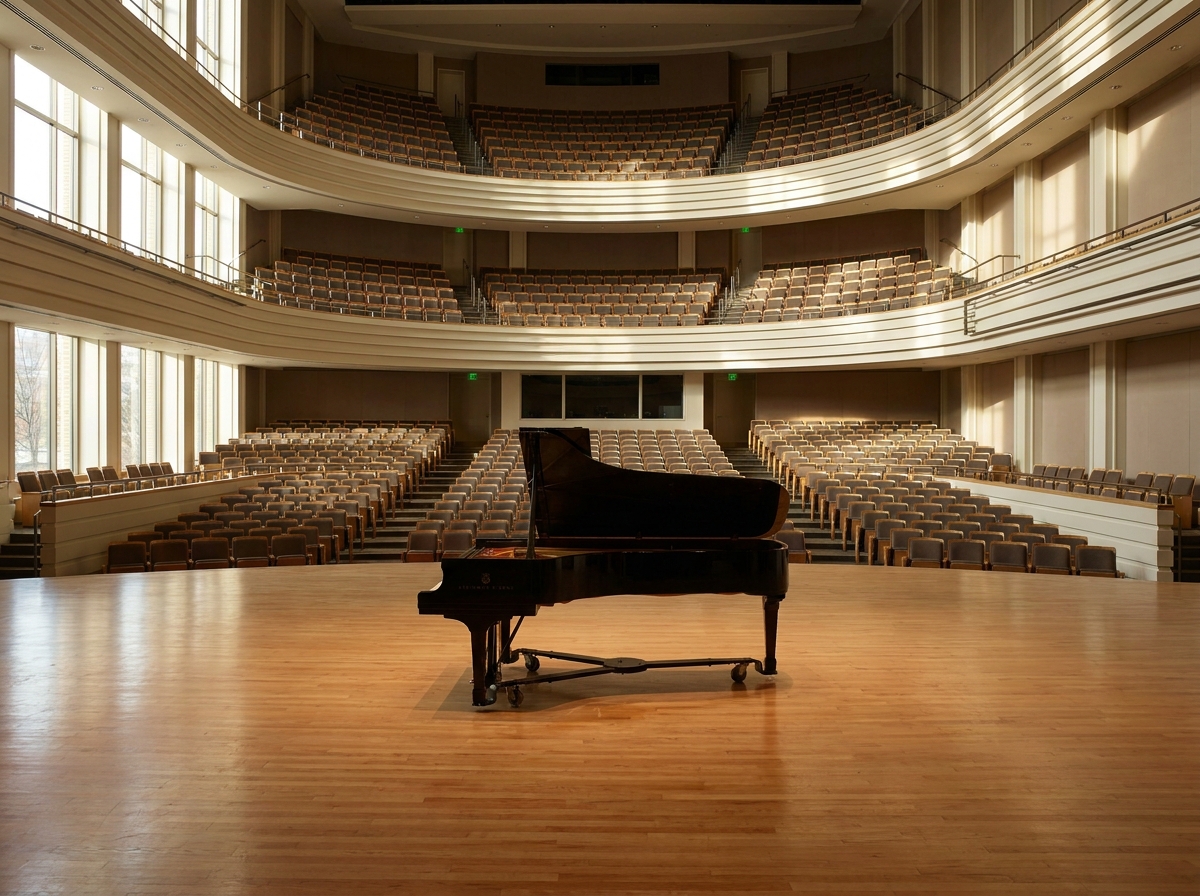 A grand piano on stage, with a view of the empty seats in a large concert hall.