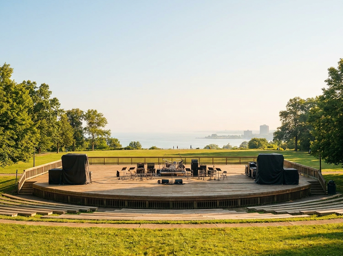 An empty festival stage set up near Lake Erie in Cleveland.