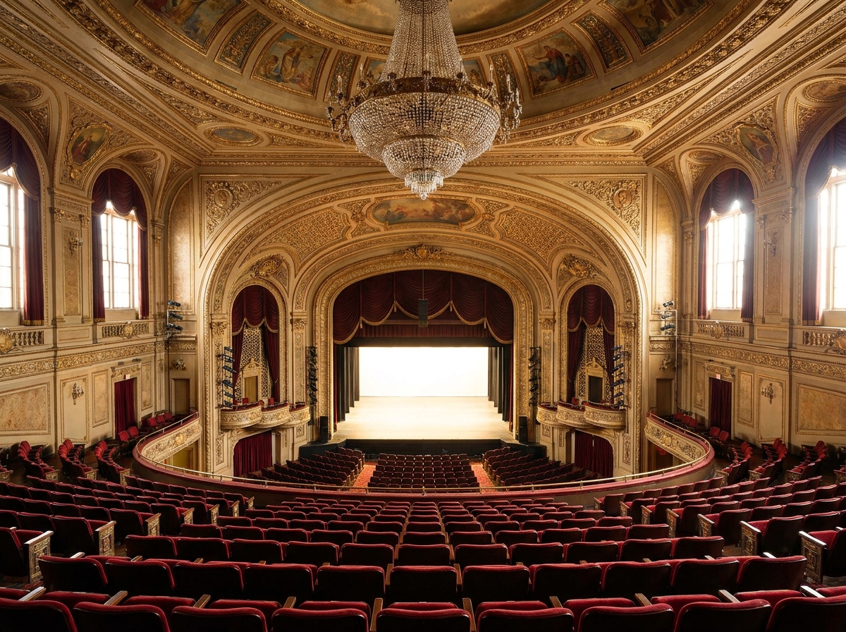 Empty seats facing a lit stage inside a historic Cleveland theater.