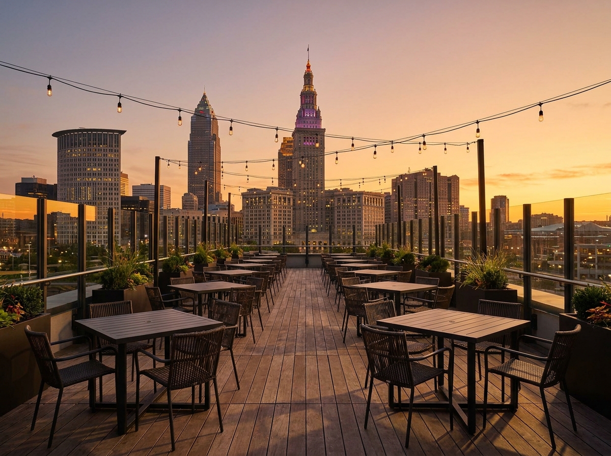 A rooftop bar with views of the Cleveland skyline at sunset.
