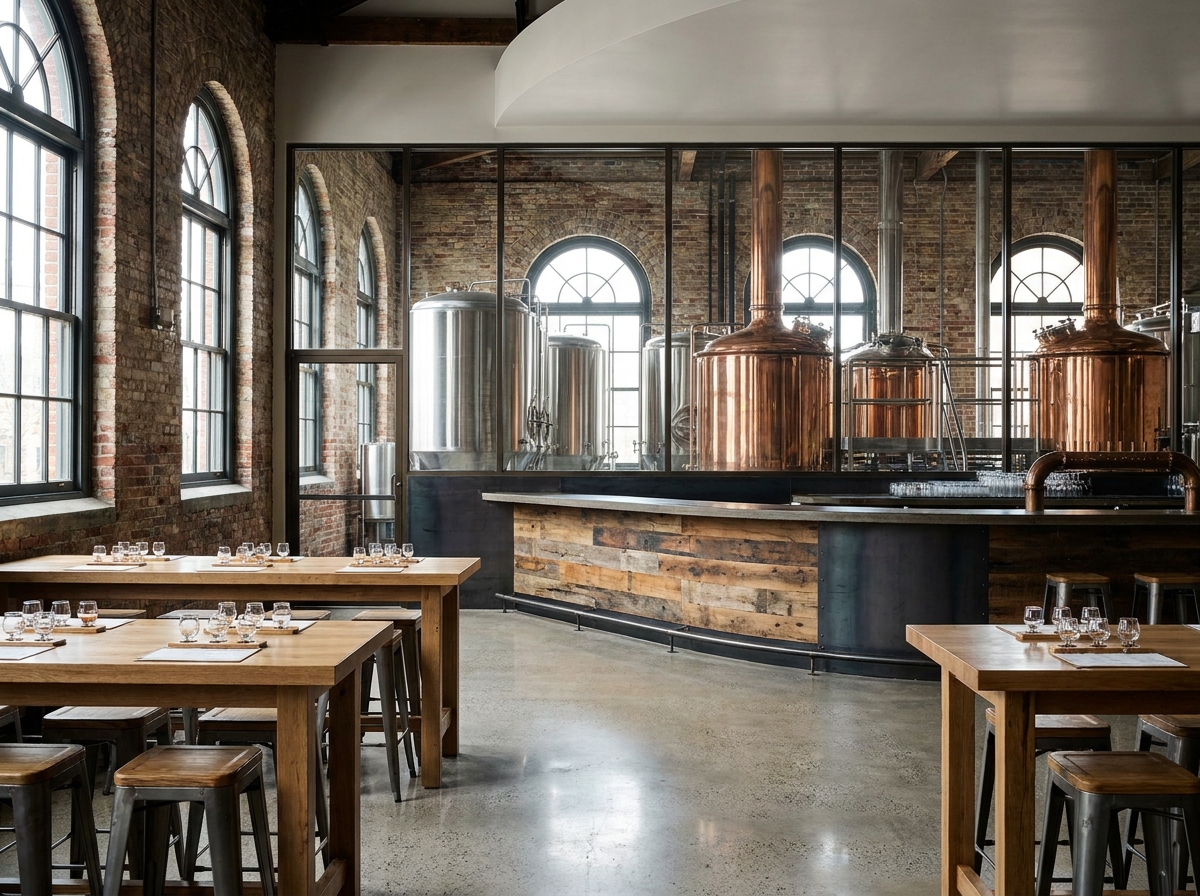 An empty brewery taproom in Cleveland ready for an event.