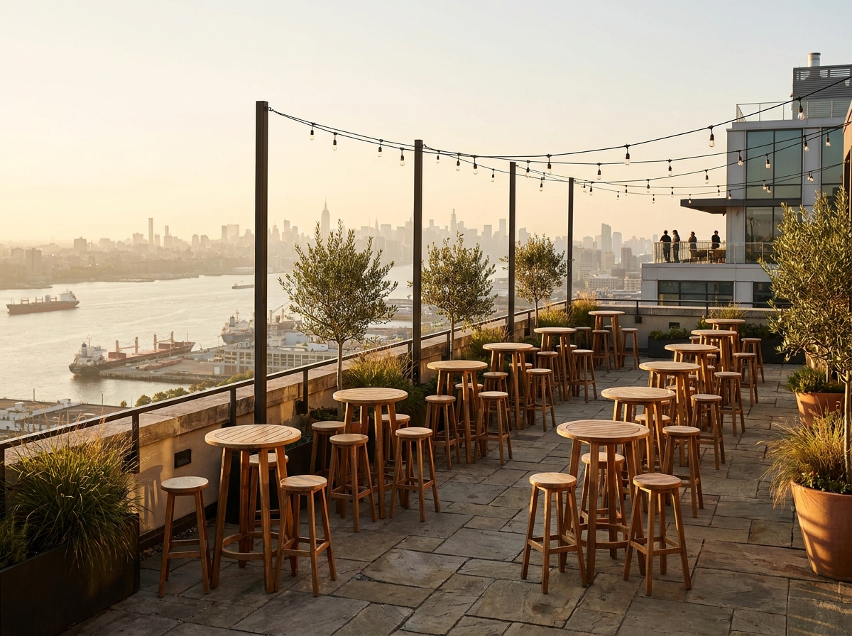 Rooftop venue overlooking a lake, set for a networking event.