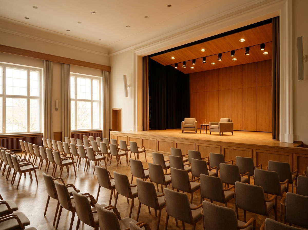 An empty stage set for a professional panel discussion in Cleveland.