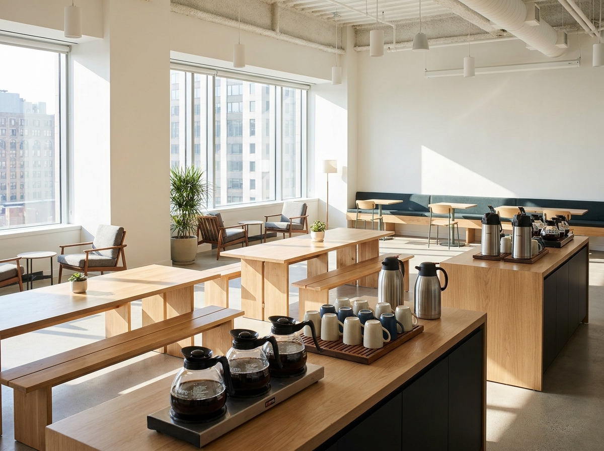 Empty modern co-working space ready for a business event.