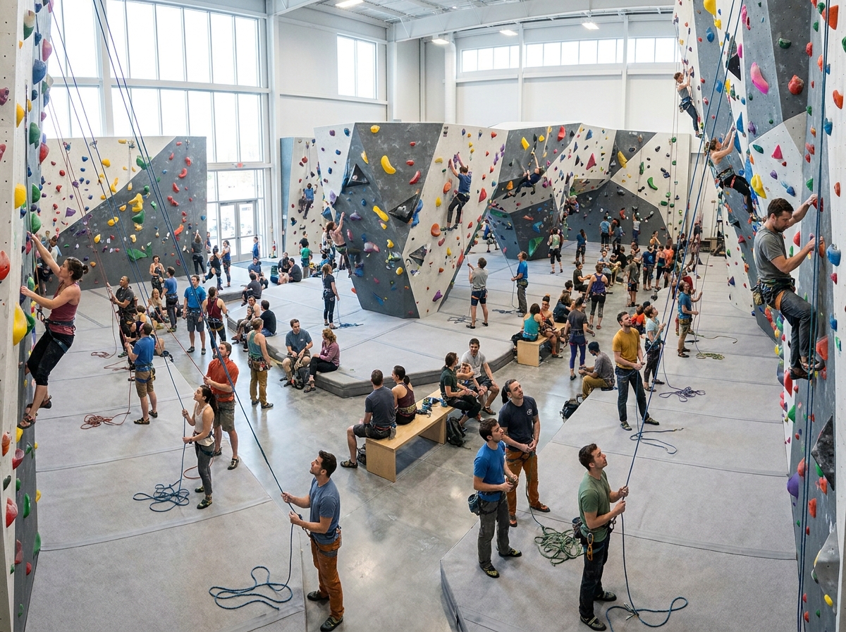 A bustling indoor rock climbing gym filled with climbers on various routes.