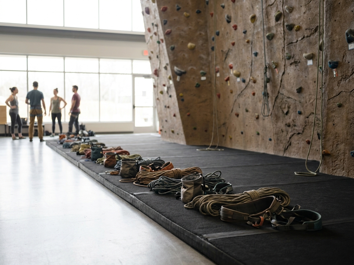 Climbing gear including ropes and harnesses prepared for a rock climbing event.