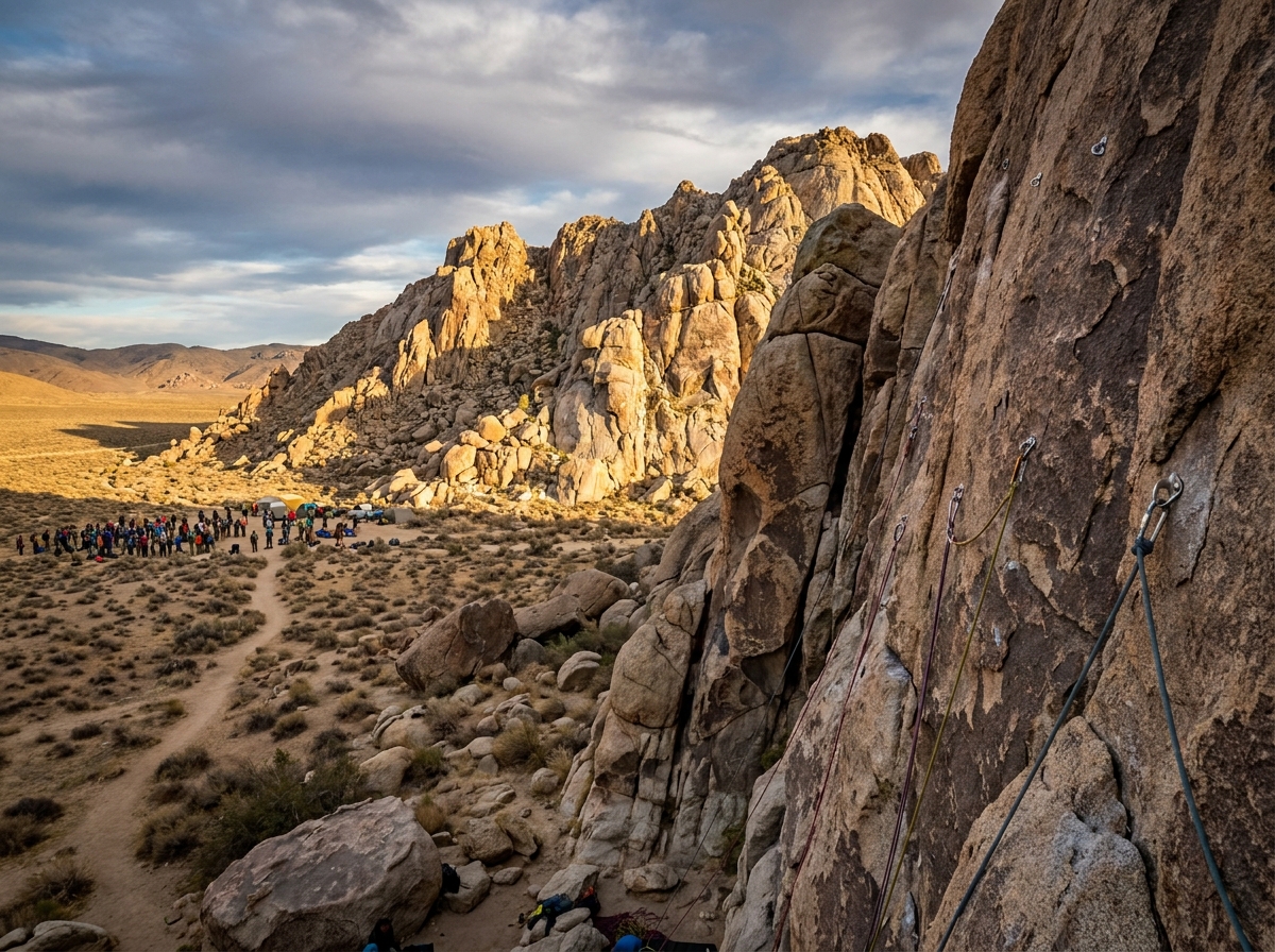 A scenic outdoor rock face prepared with routes for a climbing event.