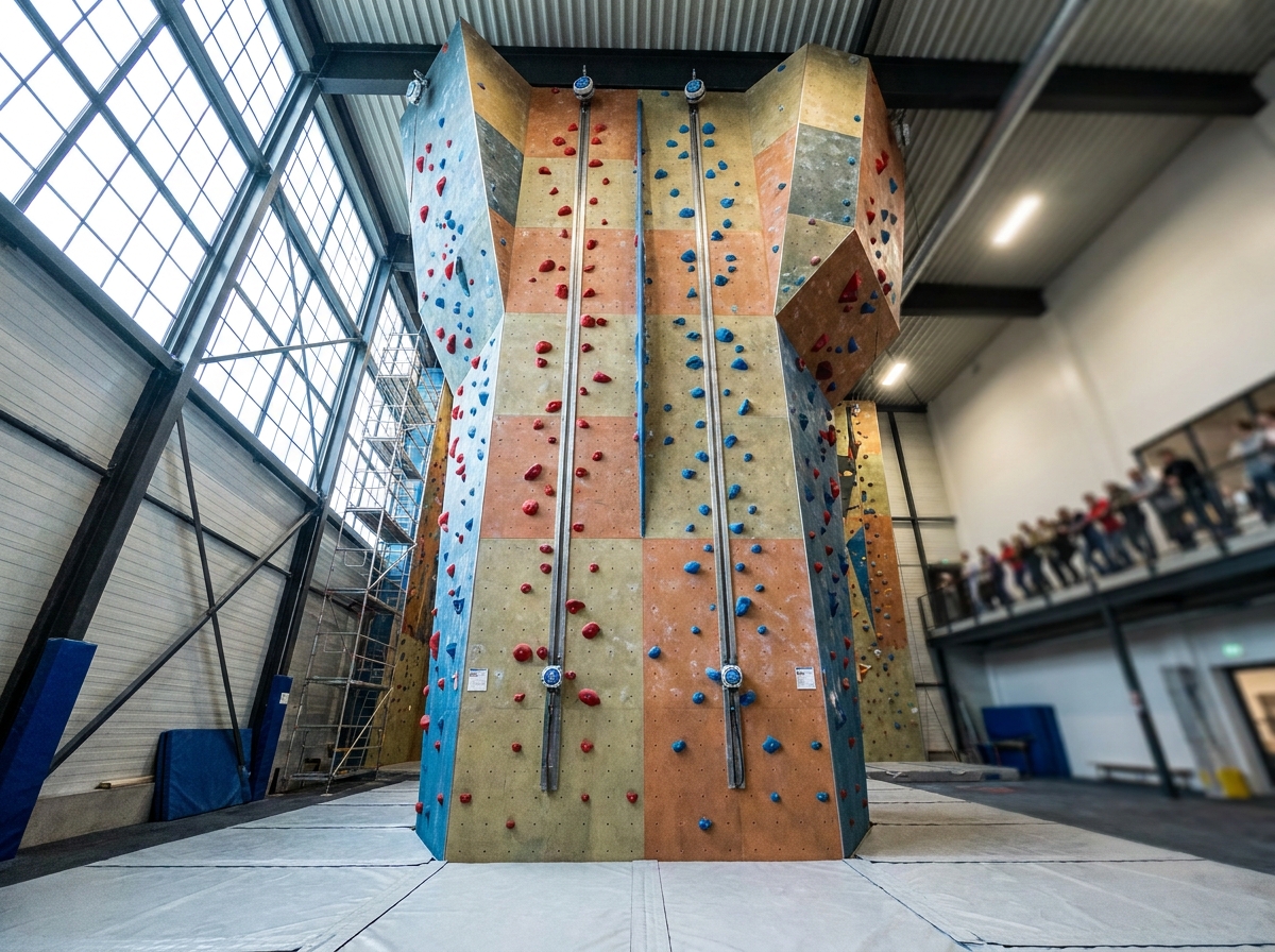 An indoor speed climbing wall with two empty, identical routes, ready for competition.