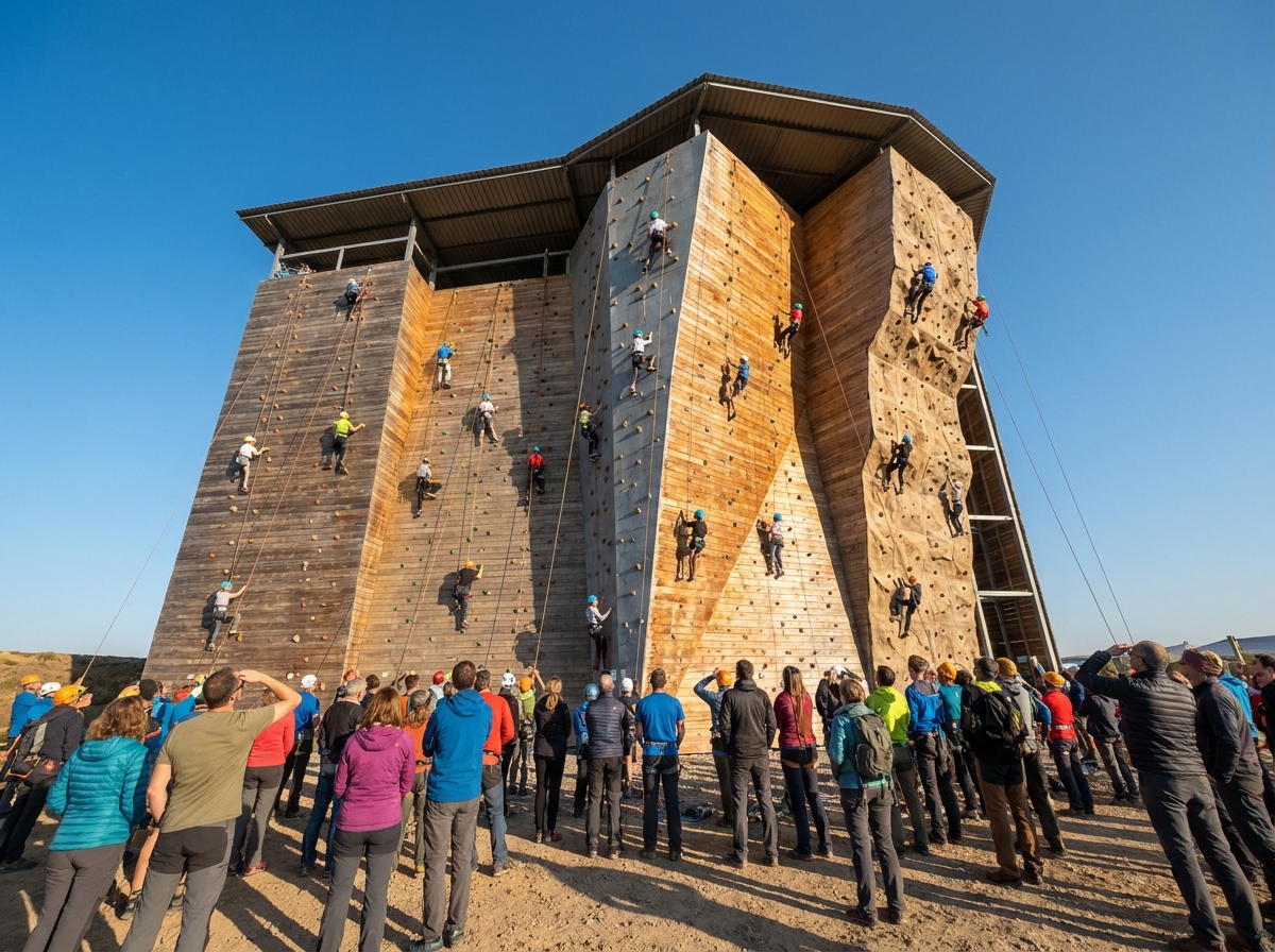 Climbers scaling a large outdoor wall at a climbing festival.