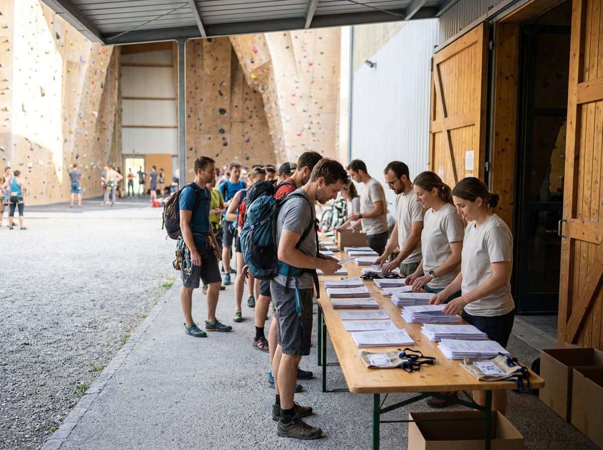 An event registration desk at a climbing competition.
