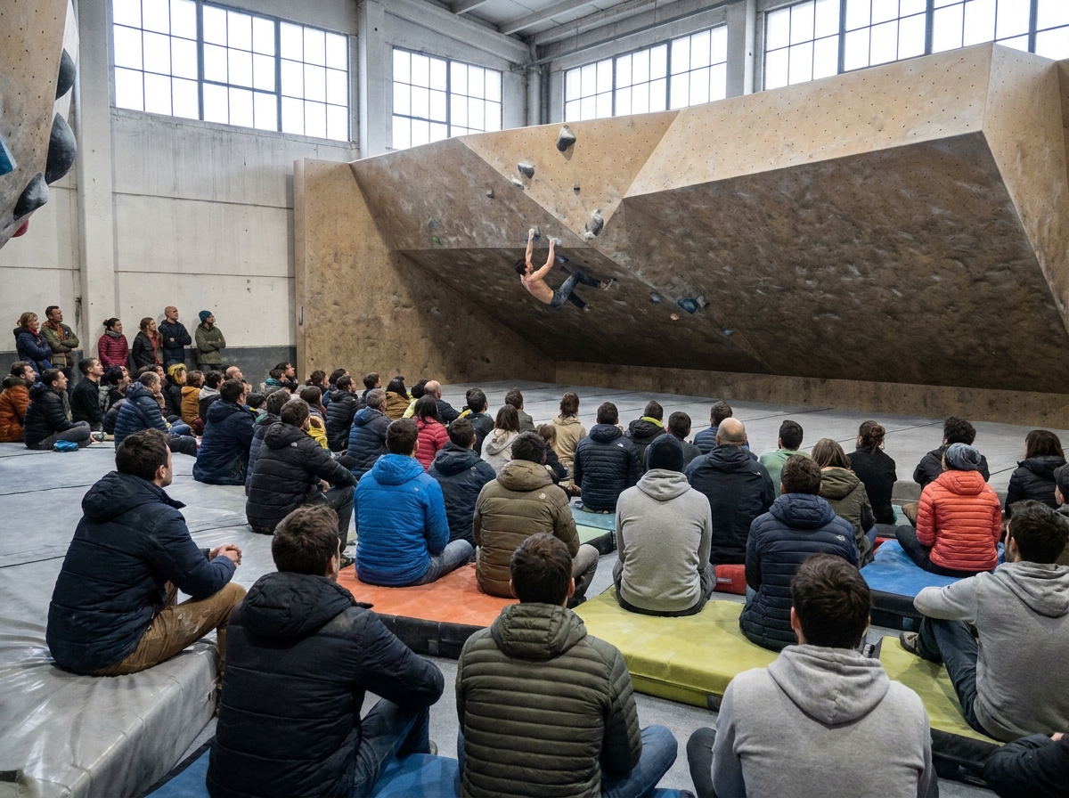 A crowd of spectators watching a finalist at a bouldering competition.