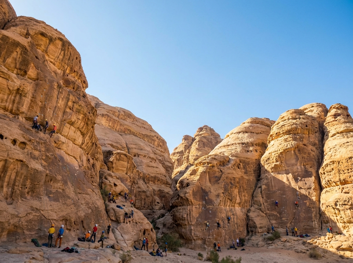 Climbers on various routes at a beautiful outdoor rock climbing area during an event.