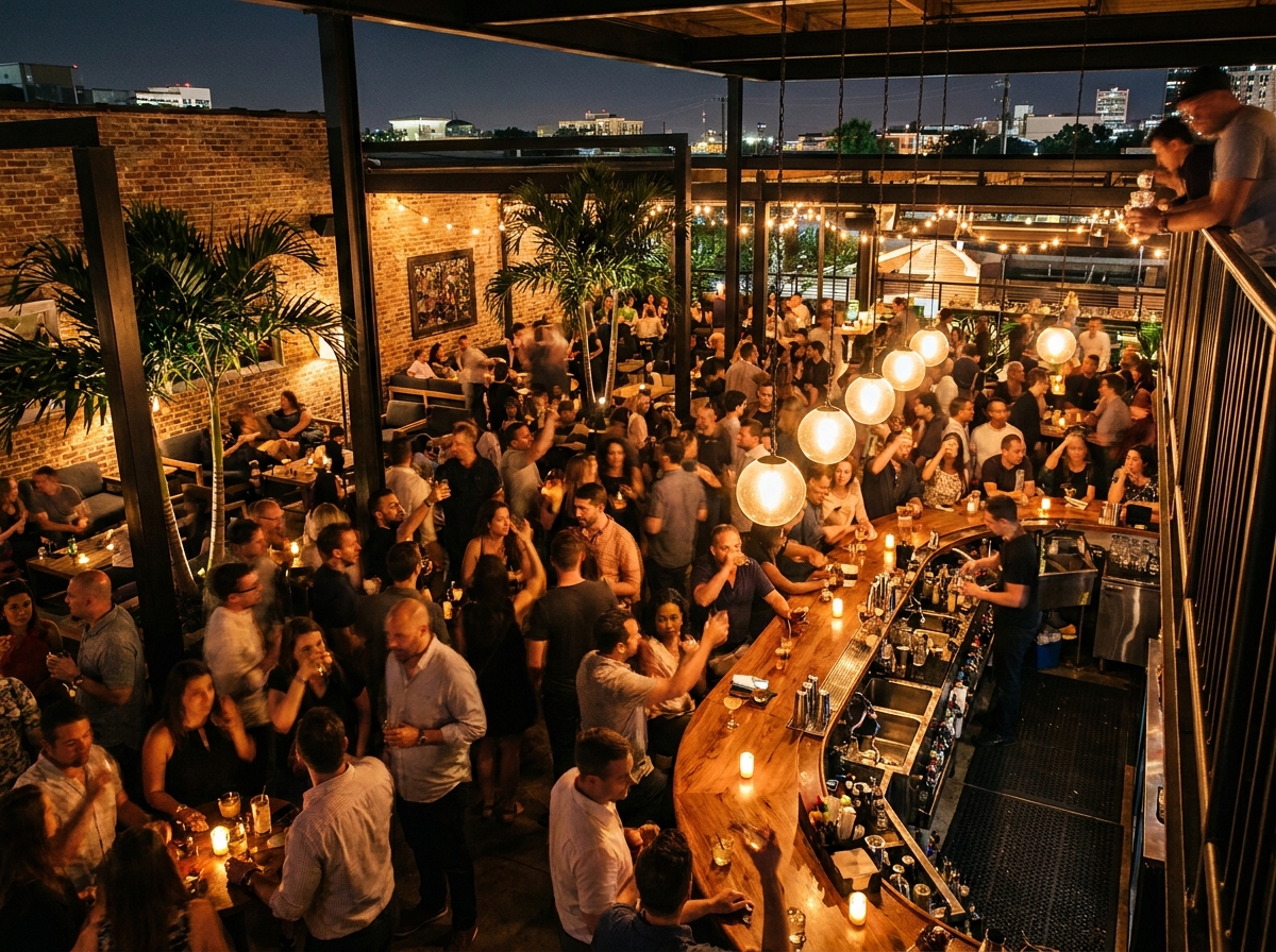 A lively, crowded bar full of people enjoying cocktails at night.