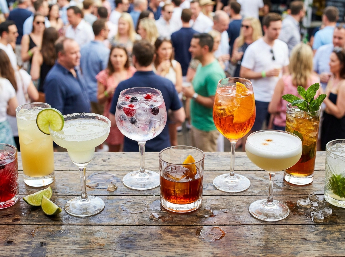 A vibrant array of different types of finished cocktails ready to be served.