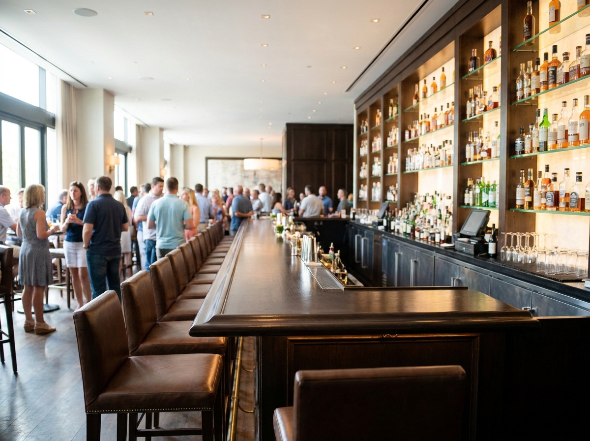 The interior of a well-stocked bar, ready for a cocktail making class.