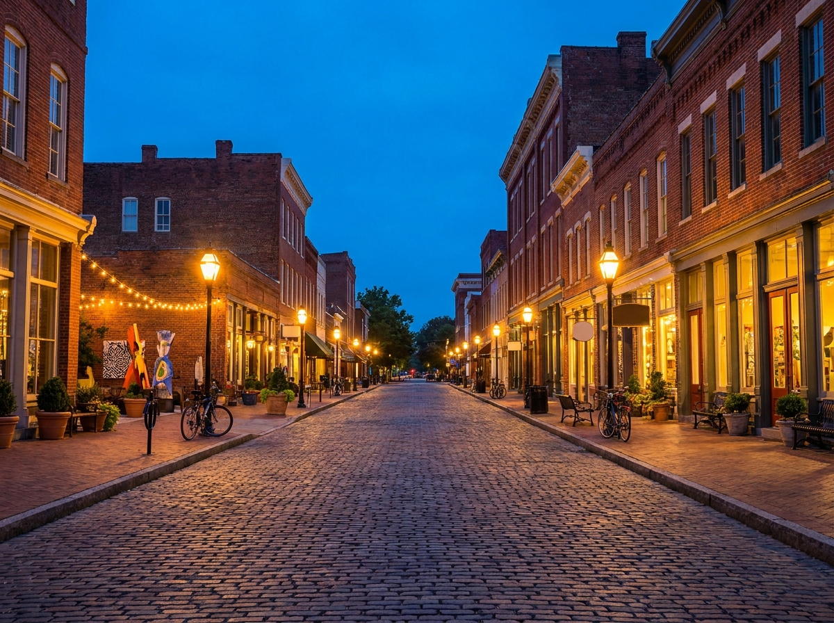 An empty, brick-paved street in the Vista district of Columbia, ready for an evening event.