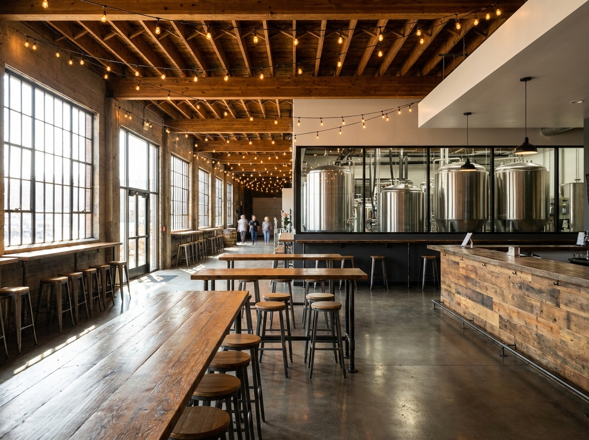 The modern interior of an empty brewery taproom in Columbia.