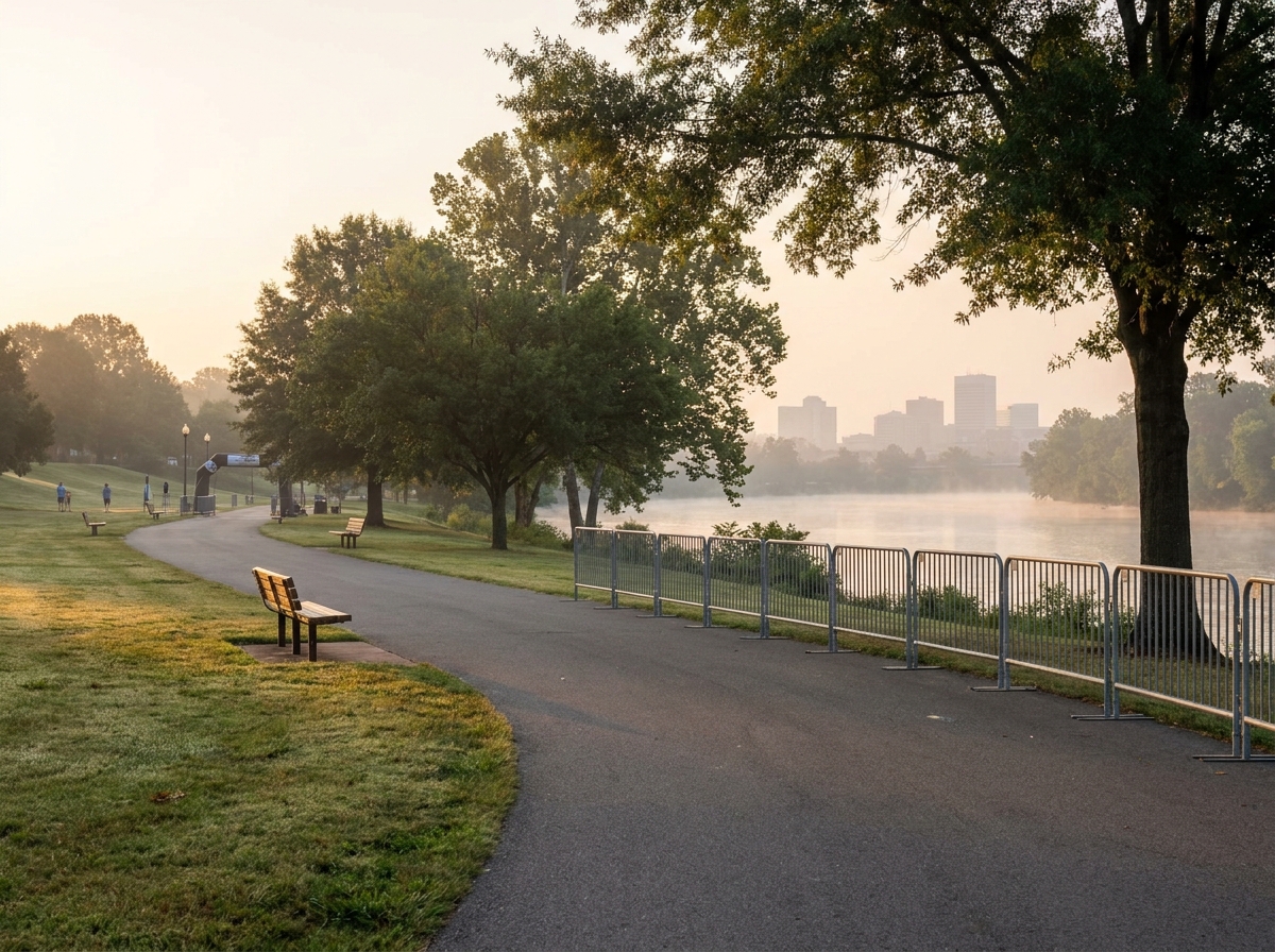 A peaceful riverfront park in Columbia, SC, prepared for a morning event.