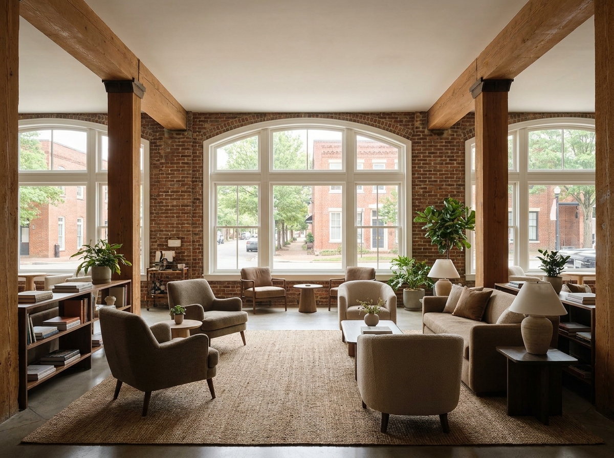 An empty lounge set up for a professional networking mixer in Columbia.