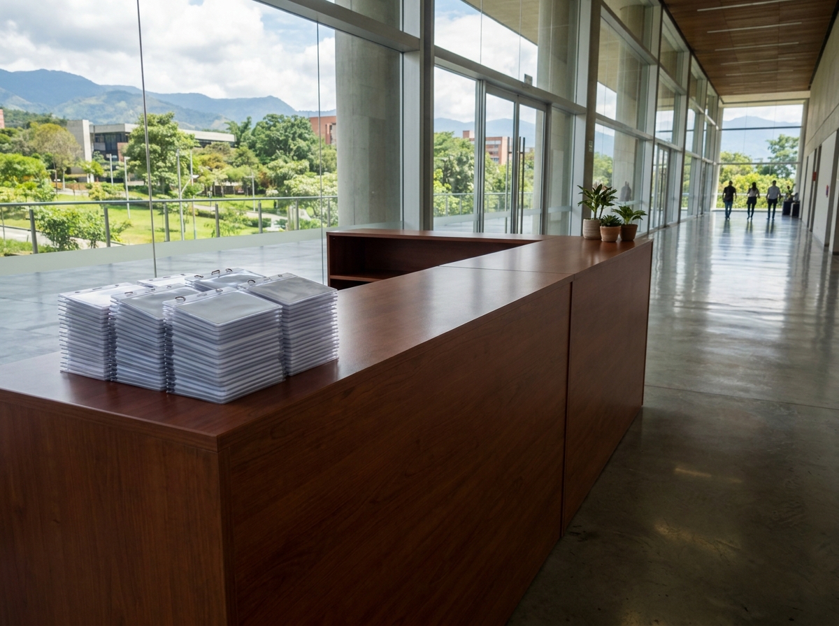 An unmanned registration desk ready for a business event in Columbia.