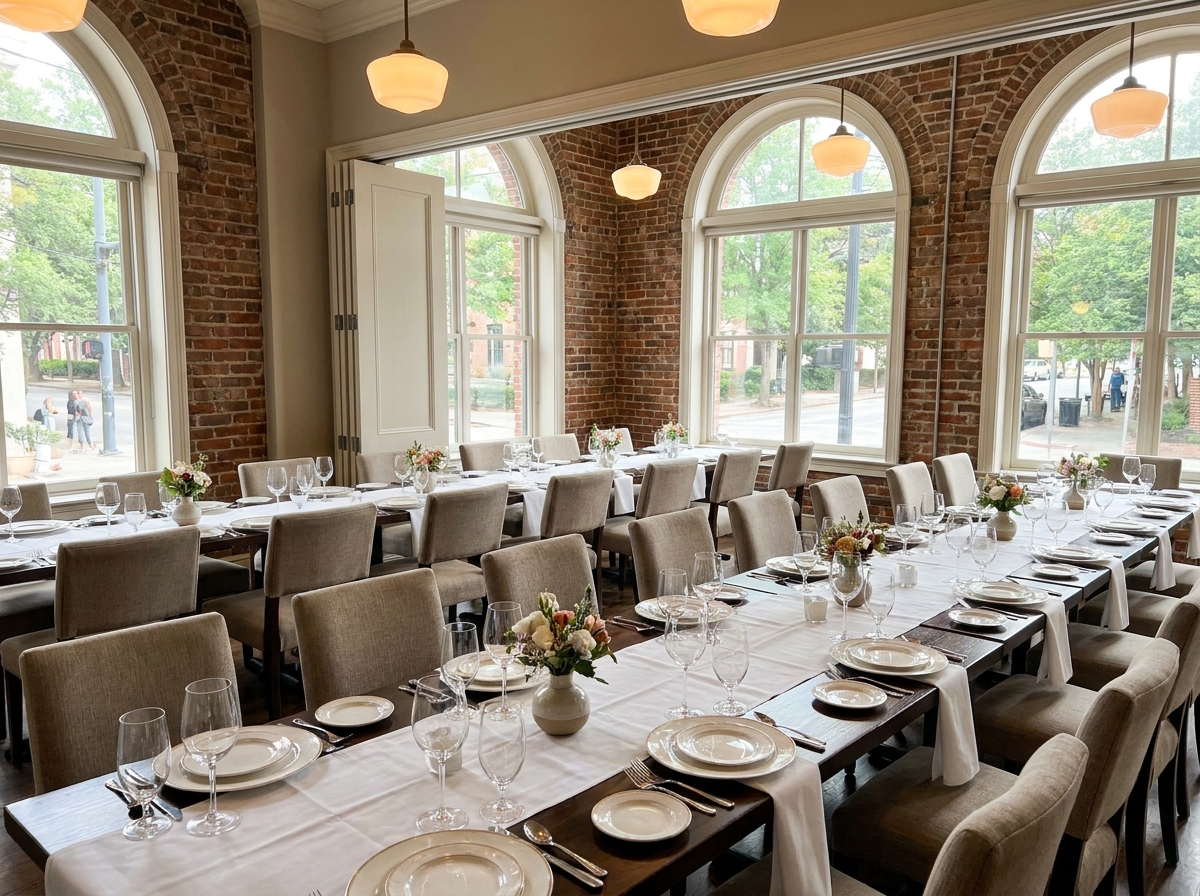 A private dining room in Columbia prepared for a professional event.