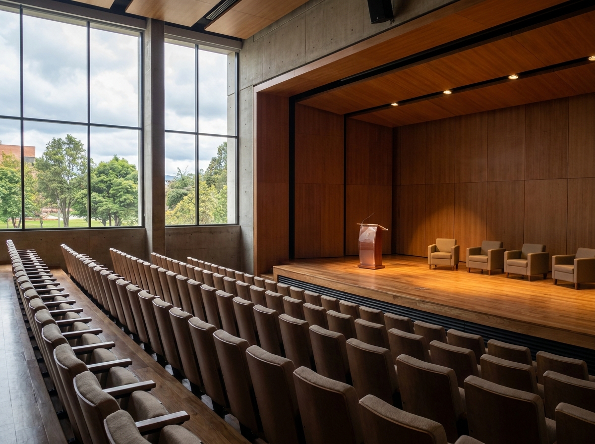 An empty auditorium in Columbia set up for a professional panel event.